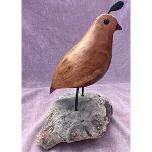 John Bennett Signed Wood Quail in Redwood on Stand Carving Bird 6"